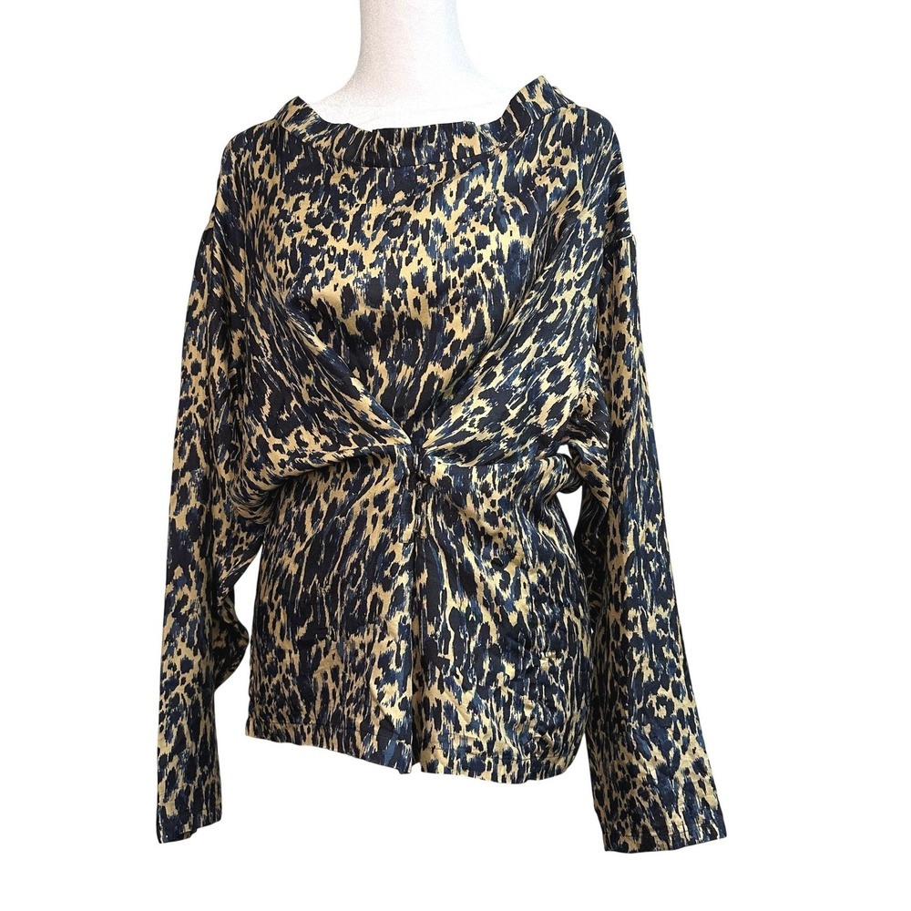 Dries‎ Van Noten 100% Silk Leopard Print Twisted Front Snap Blouse Blue Tan 42 - Picture 2 of 11